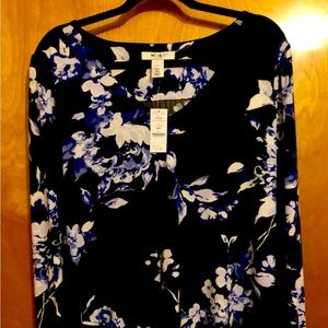 WHBM Long Sleeve V neck Tunic. Tulip Hem, Black, Blue and White. Size L